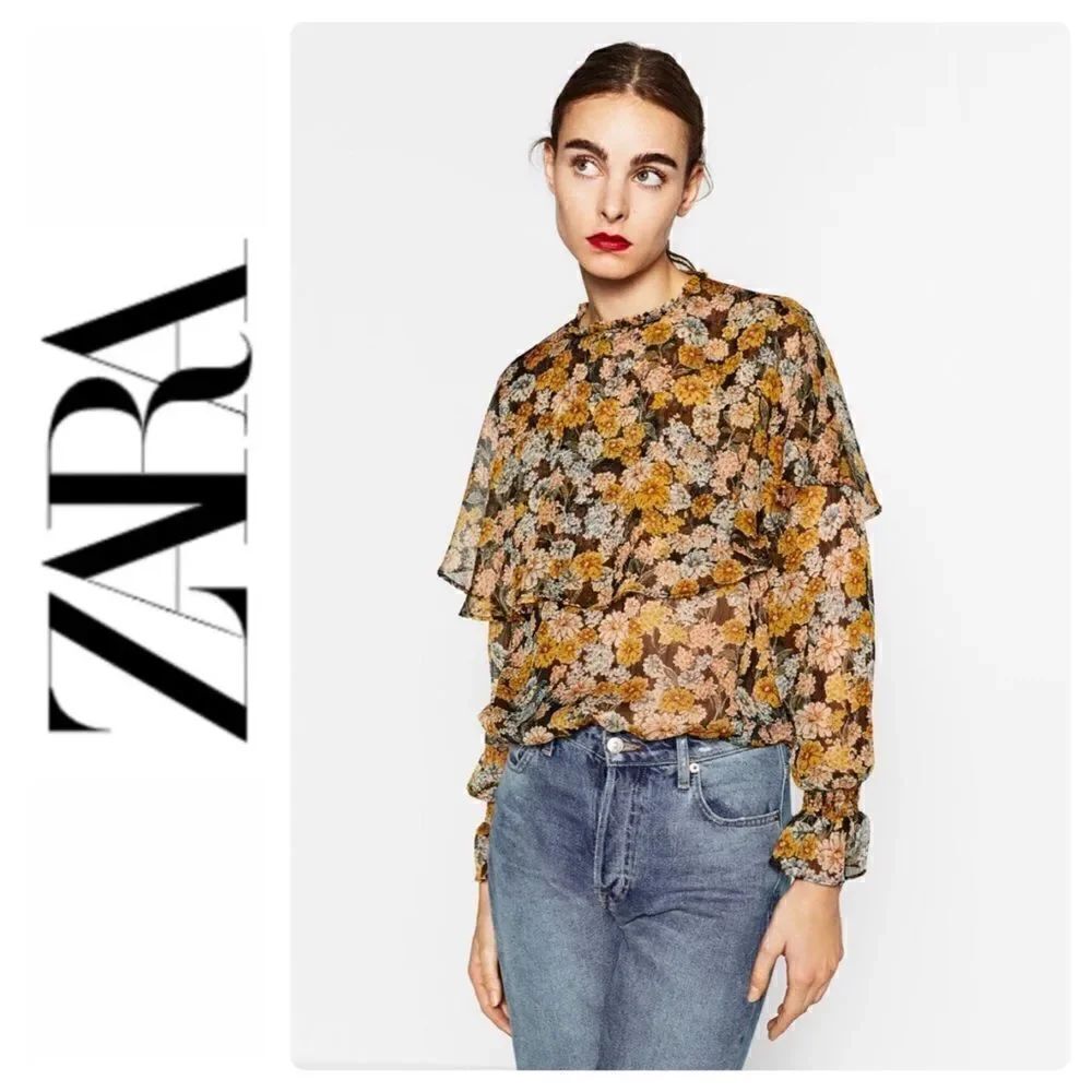 Zara Basic Collection Floral Frilly High Collar Ruffle Long Sleeve Blouse, Small